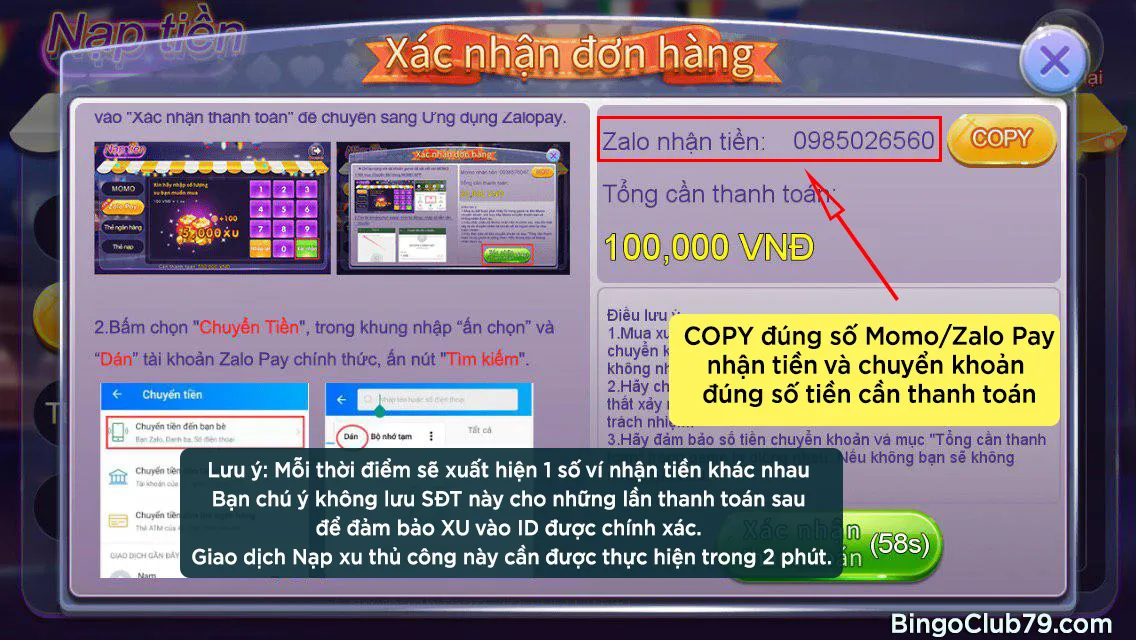 Cũng có thể rút tiền Bingo Club về Zalopay